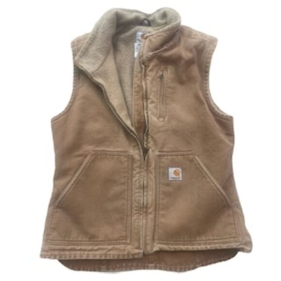 Women's Sherpa-Lined Mock Neck sandstone Light Brown vest M - Picture 2 of 5